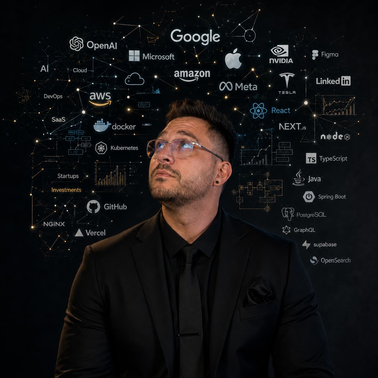 Răzvan Todică in a black suit, surrounded by technology, product, and business systems